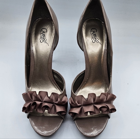 Carlos Santana "Pretty" Bronze Brown Ruffle Peep-Toe Heels - Picture 1 of 14